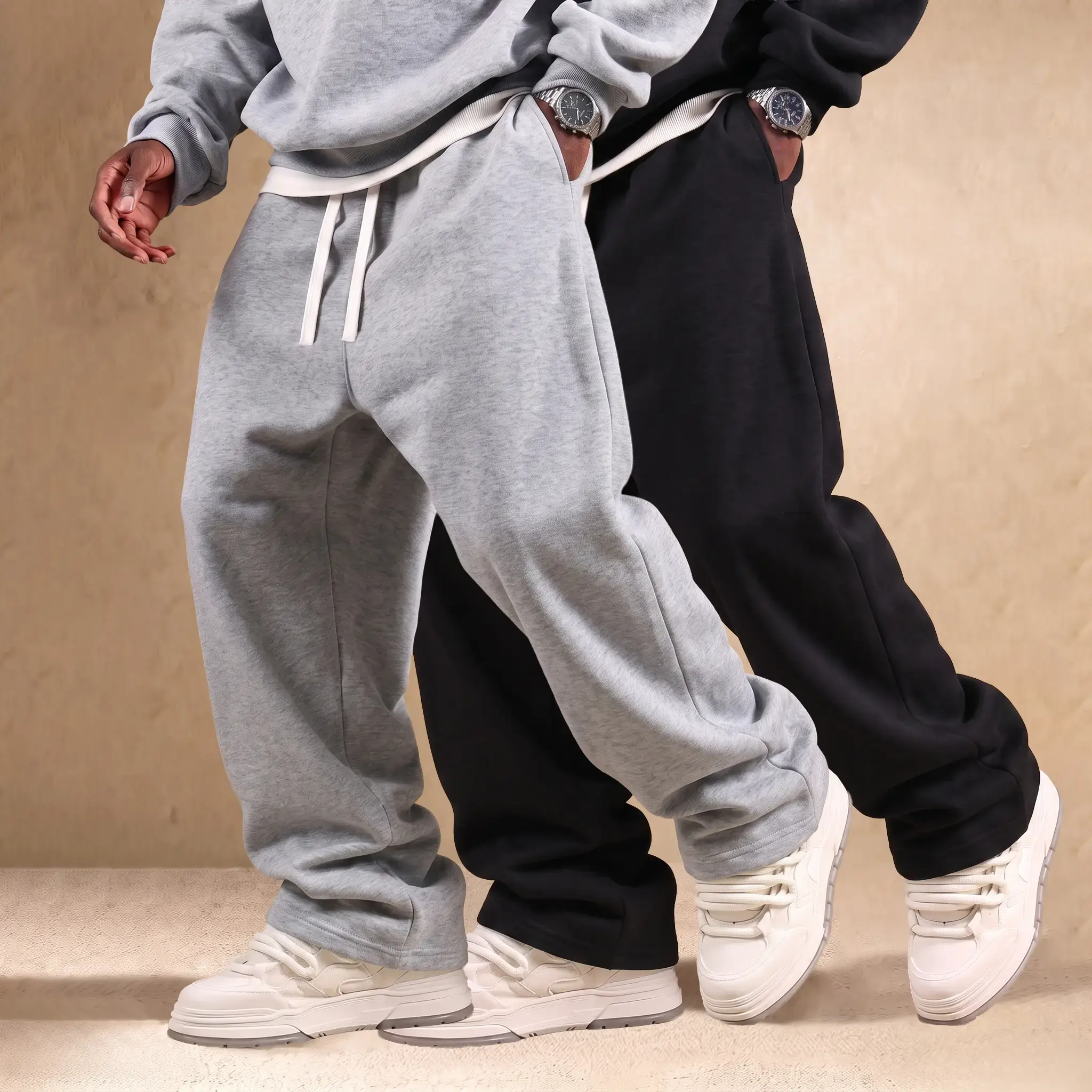 (1 or 2PCS)Newly upgraded fabric Men's athletic pants, beige wide-leg loose fit sweatpants with drawstring waist, ultra-soft men's apparel suitable for running and fitness, fashionable activewear/clothing, sports casual workout pants, loose jogging pants,