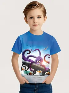 Summer fashion trend casual children's clothing, T-shirt with digital print of octopus and penguin special agents surfing in a funny style, 100% polyester, suitable for boys' daily outings and outdoor sports, a perfect gift for boys