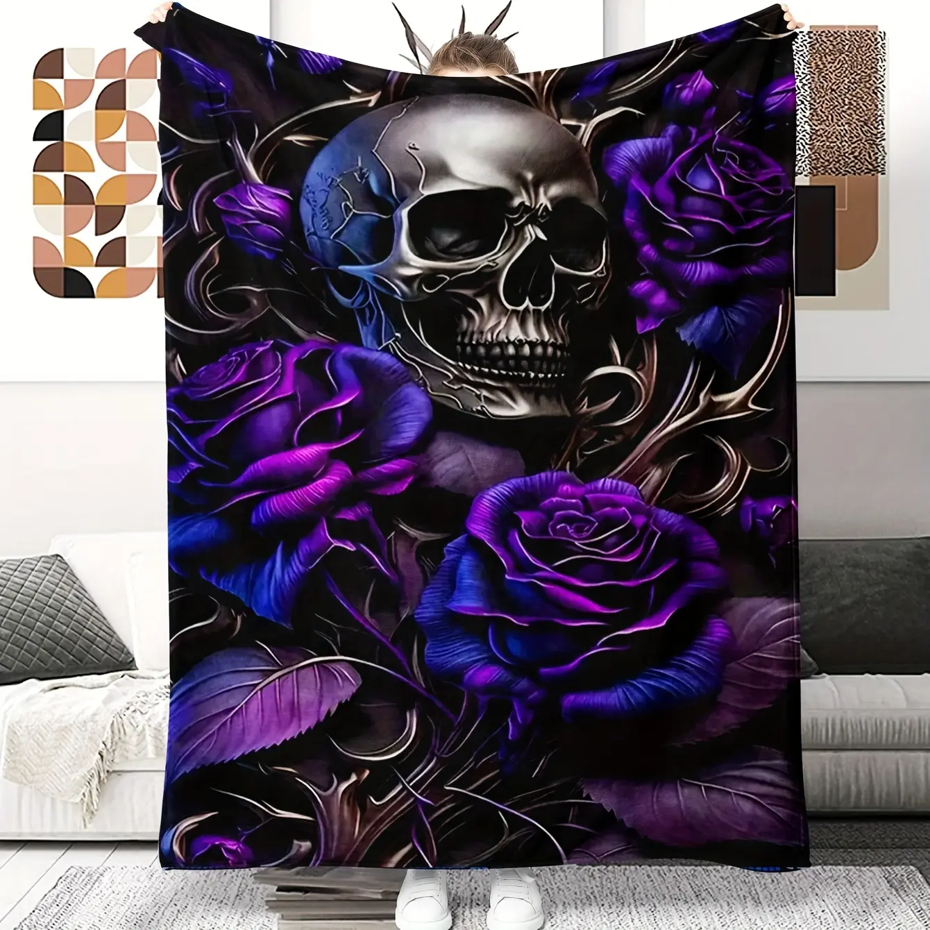 1-Piece Halloween Creative Rose Skull Print Square Crochet Blanket - Soft, Comfortable, Breathable, Wrinkle Resistant, All-Season, 30-39in, 50in×60in, Machine Washable, Holiday Essential for Adults - Ideal for Office, Picnic
