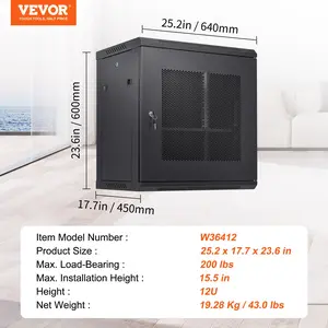VEVOR 12U Wall Mount Server Cabinet, 15.5'' Depth, Network Rack Enclosure, Supports up to 200 lbs, Secure Locking System, Ideal for IT Hardware, Audio/Video Components