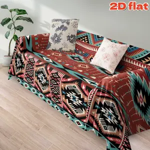 2D flat 1Pc Aztec Tribal Pattern Sofa Cover - Bohemian Geometric Design with Turquoise and Rust Colors Durable Decorative Couch Protector Machine Washable Multi-Purpose for Living Room Furniture Protection Home Decor