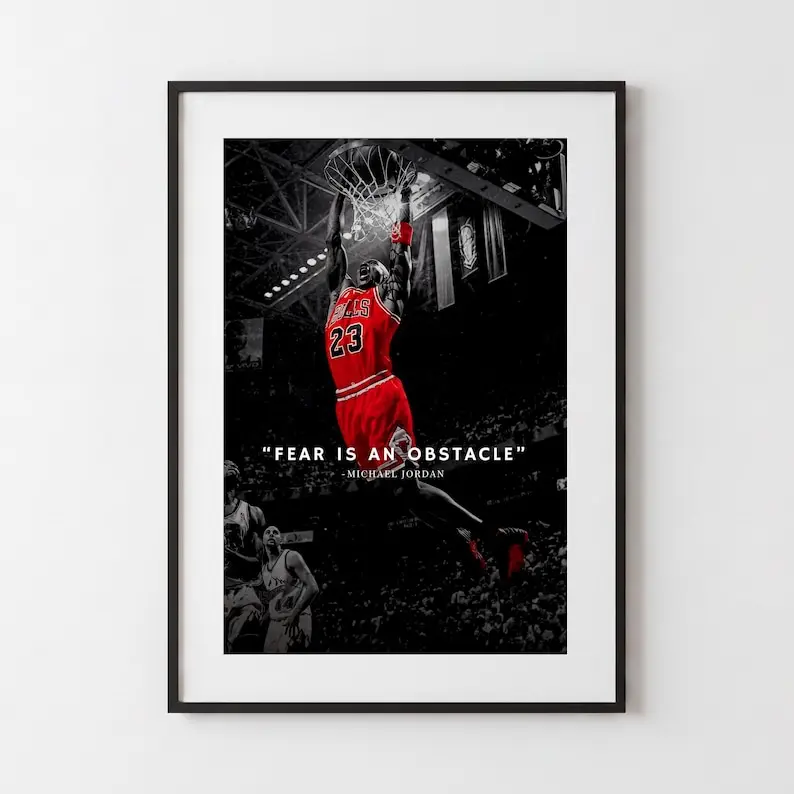 Michael Jordan Poster, Chicago Bulls Dunk Poster Print Unframed, Motivational Basketball Wall Art, Black and Red Sports Decor, NBA Legend MJ Quote