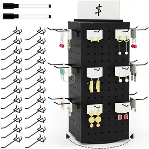 Rotating Pegboard Display Stand with 24 Hooks, Tabletop Metal Peg board Shelf for Craft Shows & Fairs, Retail Stores, Vendors Arts and Crafts Finishing - 4-Sided Craft Rack Organizer (Black)