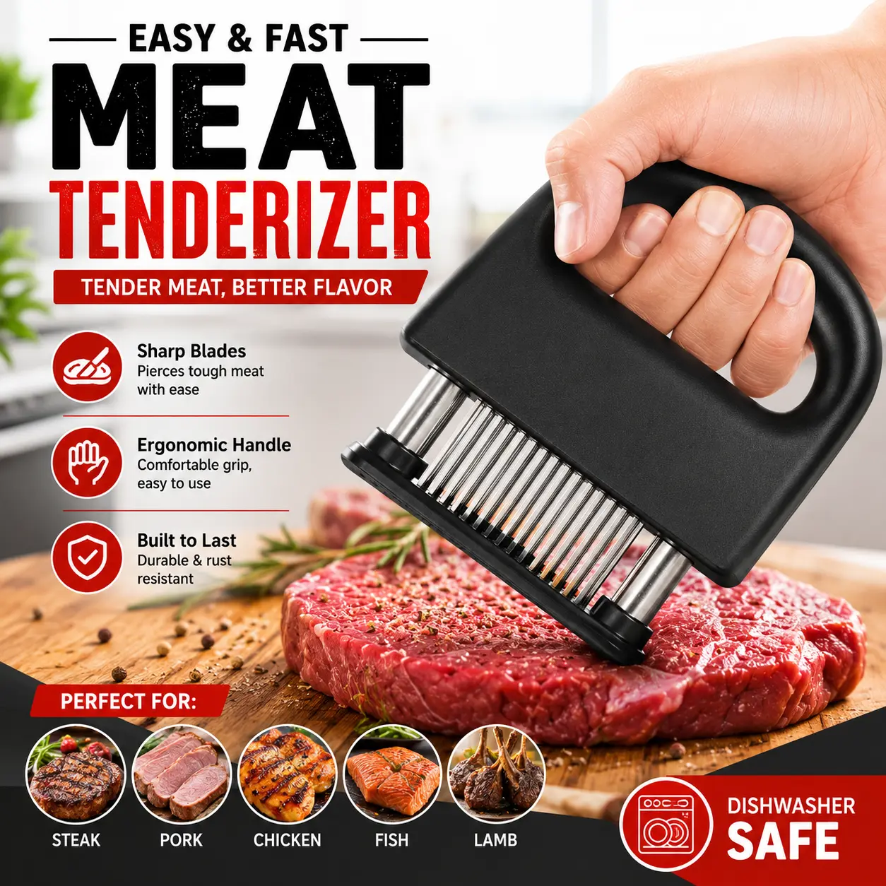 Meat Tenderizer with 48 Stainless Steel Ultra Sharp Needle Blades, Kitchen Cooking Tool Best for Tenderizing, BBQ, Marinade，Enhances Flavor Absorption, Perfect for Steak, Beef, Chicken & Pork, Easy to Use, Durable Design,  Home Kitchen Essential