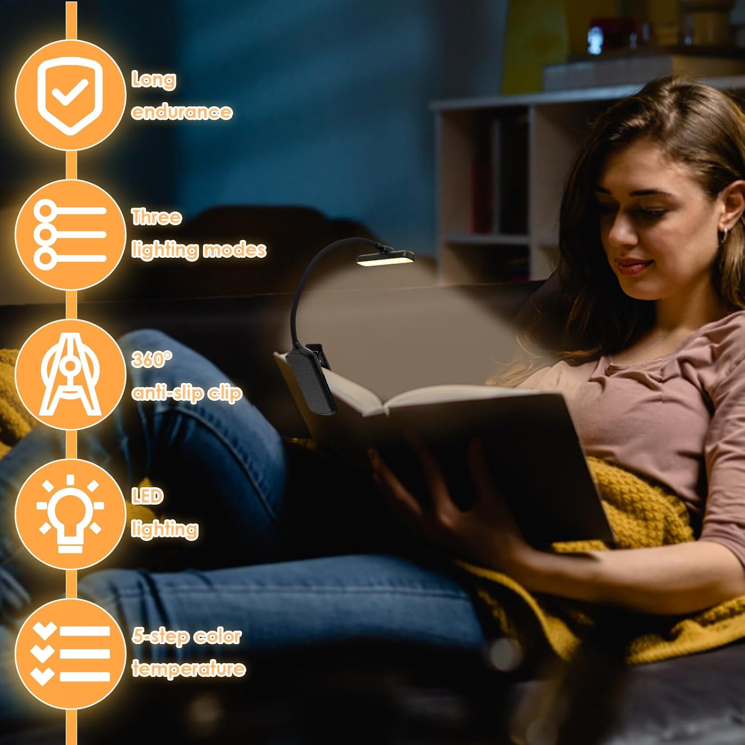 Rechargeable 24 LED Book Light for Reading in Bed – Clip-On Lamp with 360° Flexible Neck, 5 Color Modes, Eye-Caring & Glare-Free, USB-C, 80H Runtime, Perfect for Kids, Students & Book Lovers