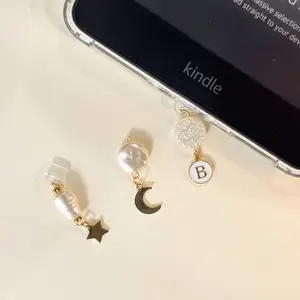 Custom Kindle Charm Pearl Gold Initial Elegant Celestial Kindle Accessory Ereader Charm Phone Kobo Dust Plug Bookish Tech Gift for Book Club