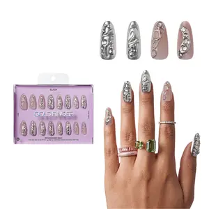 Gold Finger Glitzy 3D Press-On Nails in Enjoyable – Long Oval Fake Nails, Liquid Silver Chrome & Rhinestones, Luxury Glue On Nails, 28 Pc Kit