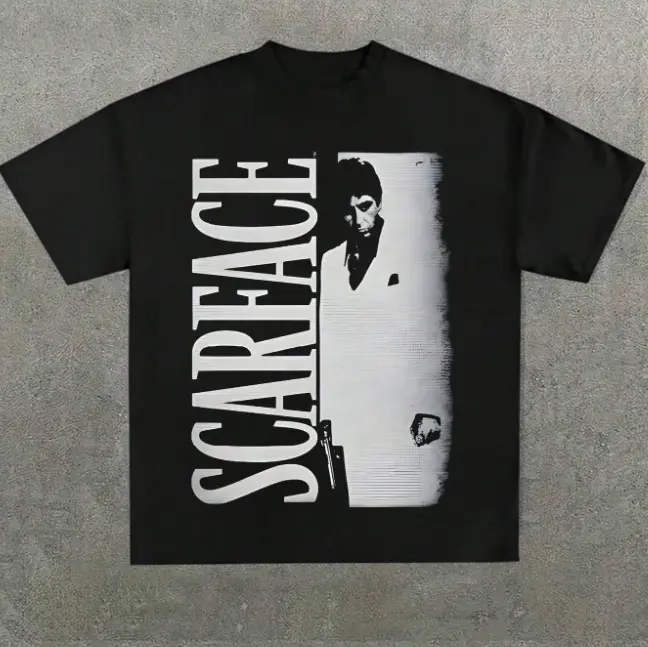 Tough Retro Vibe Scarface Movie Character Heat Transfer Print Unisex 100% Cotton Summer Tee for Edgy Street Shoot & Daily Going Out Black T-shirt