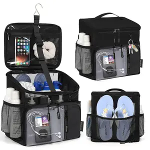 A black toiletry bag containing essential items for university dormitories including a portable shower toiletry bag