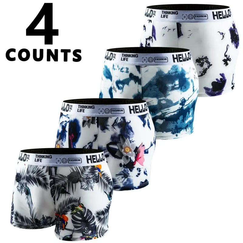 Menswear 4 Men's Underwear Mid Waist Briefs (4 Counts/Pack) - Ice-Silk-Like Soft Stretch, High-Elastic, Breathable, Cool, Odor-Inhibiting Fabric, Stylish Fully Printed, Suitable for Overweight Individuals, Holiday