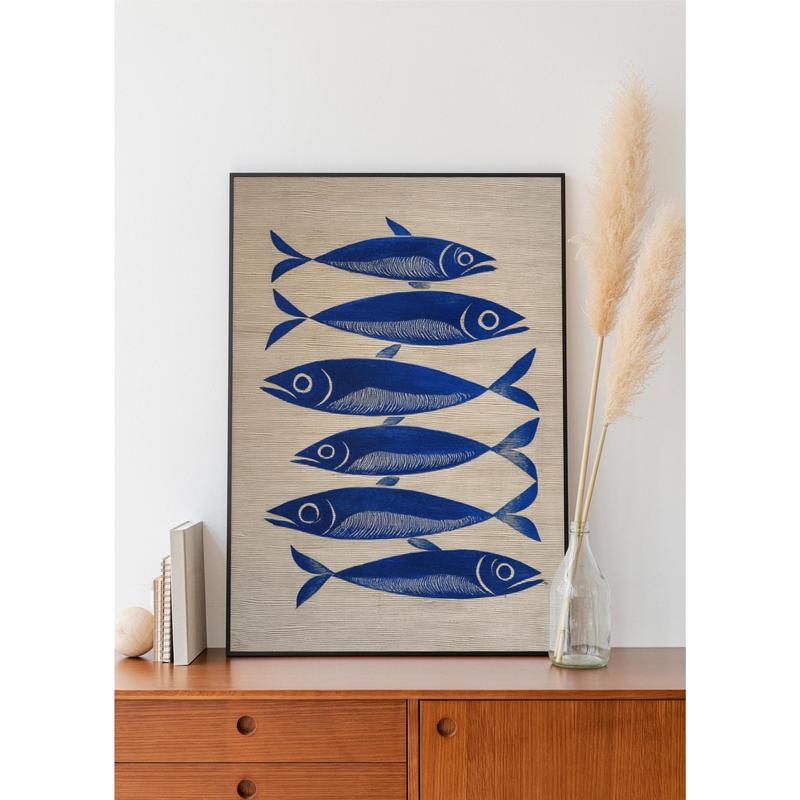 [SALE UP TO 50% + FREE SHIP] - Blue Ink Sardine Striped Oil Painting Wall Art Print, Stripes Trendy Aesthetic Kitchen Art, Sardine Kitchen Art, Antique Fish Art Printable