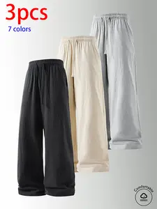 3-pack men’s pure cotton long pants: loose straight casual pants, sweatpants/joggers, featuring a drawstring waistband design. Available in multiple colors. Suitable for home lounging, daily commuting, outdoor walks, short trips, camping—versatile casual