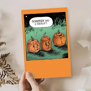 Pumpkin Facelift Funnies Card - Trio of Jack-o'-Lanterns with Surgical Twist, Featuring Overly Smooth Third Gourd & 'SOMEBODY HAD A FACELIFT' Sassy Caption, Nighttime Grassland Backdrop, Perfect for Halloween