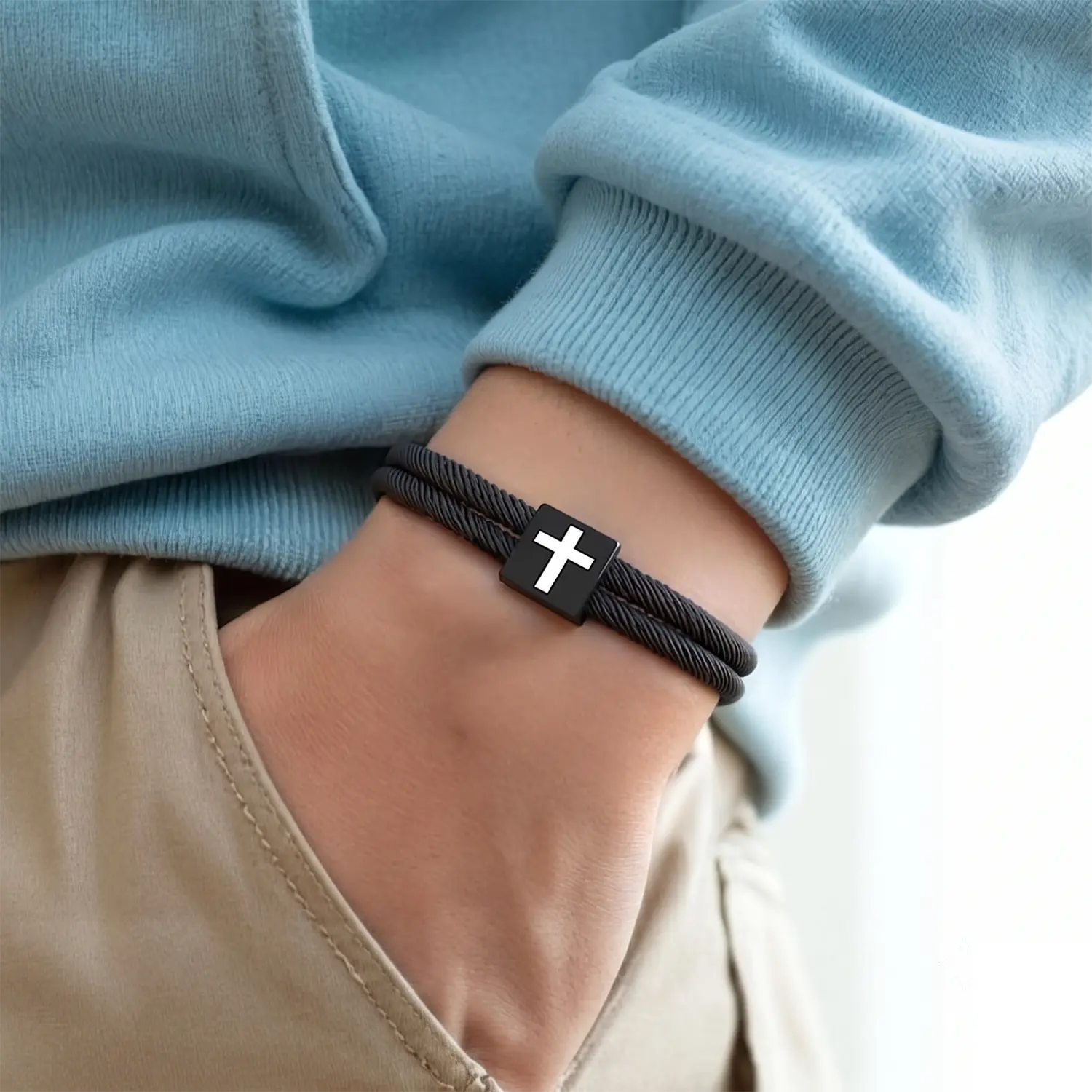 Men's Adjustable Braid Rope Cross Design Bangle - High Quality Religious Faith Bracelet, Metal Cross Crucifix Bracelets & Bangles, Ideal Gift for Teens on Easter, Baptism