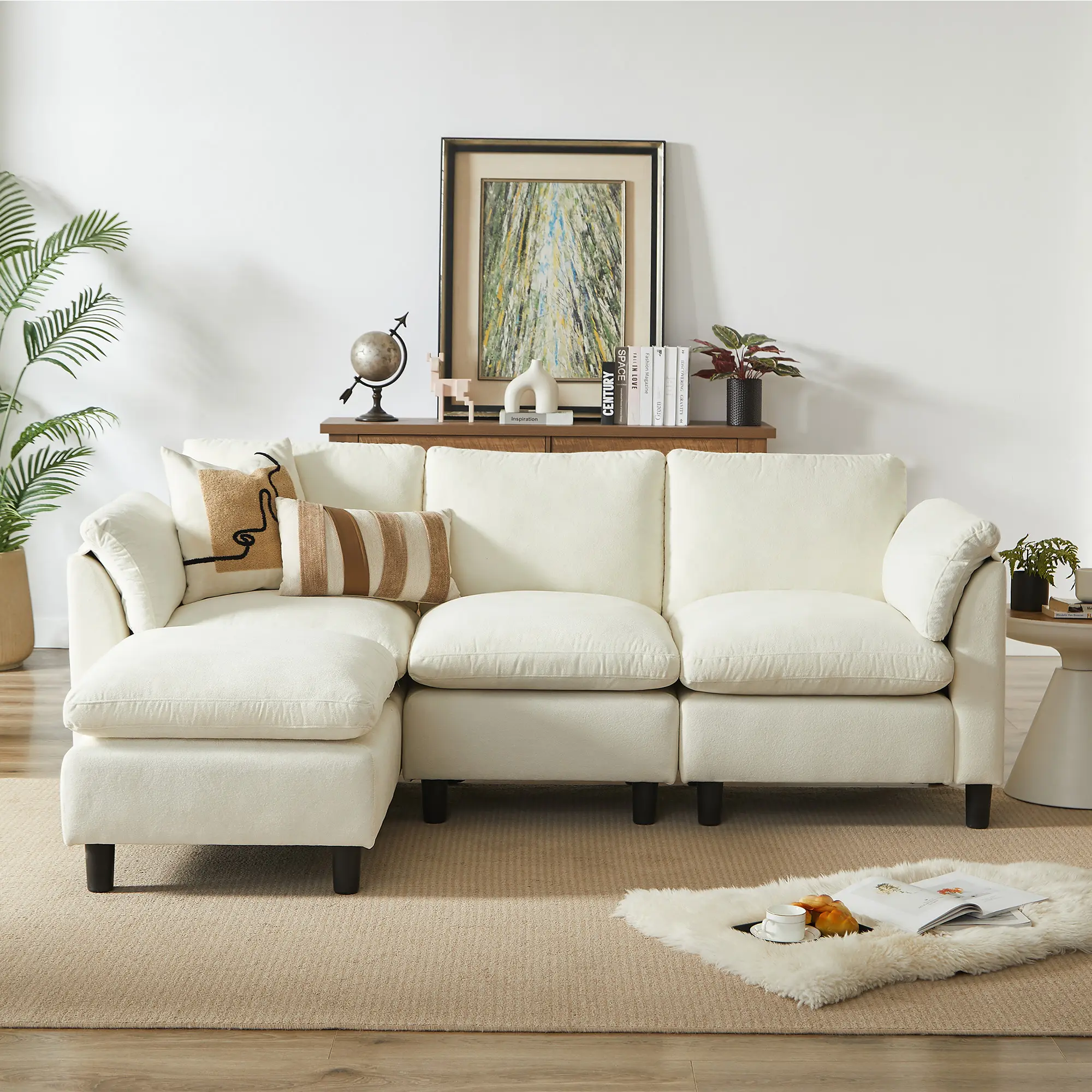 87" Convertible Sectional Sofa Couch,3 Seat L Shaped Sofa with Removable Ottoman,Comfy Chenille Fabric Small Cloud Couch for Living Room, Apartment and Office