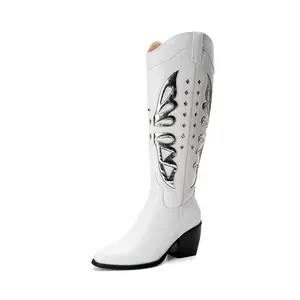 DREAM PAIRS Butterfly Western Comfort Classic Leather Women Footwear Cowboy Walking Shoes Knee-high Boots
