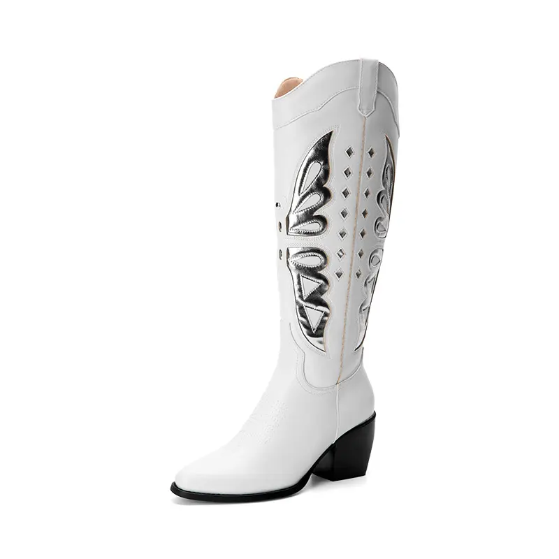Dream Pairs Women's Western Butterfly Vegan Leather Cowgirl Boots, Knee-High with Side Zipper, V-Shaped Topline, and Cuban Heel for a Western Outfit, Western Outfit Women