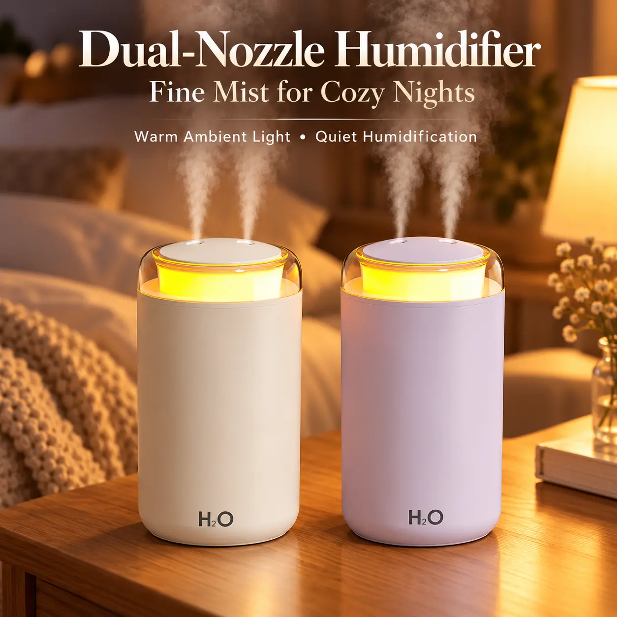850ml Dual Nozzle Humidifier with Ambient Night Light, Cool Mist Air Humidifier for Bedroom Office Desk, Quiet Desktop Humidifier with Large Water Tank, Home Room Moisture Diffuser,home decor
