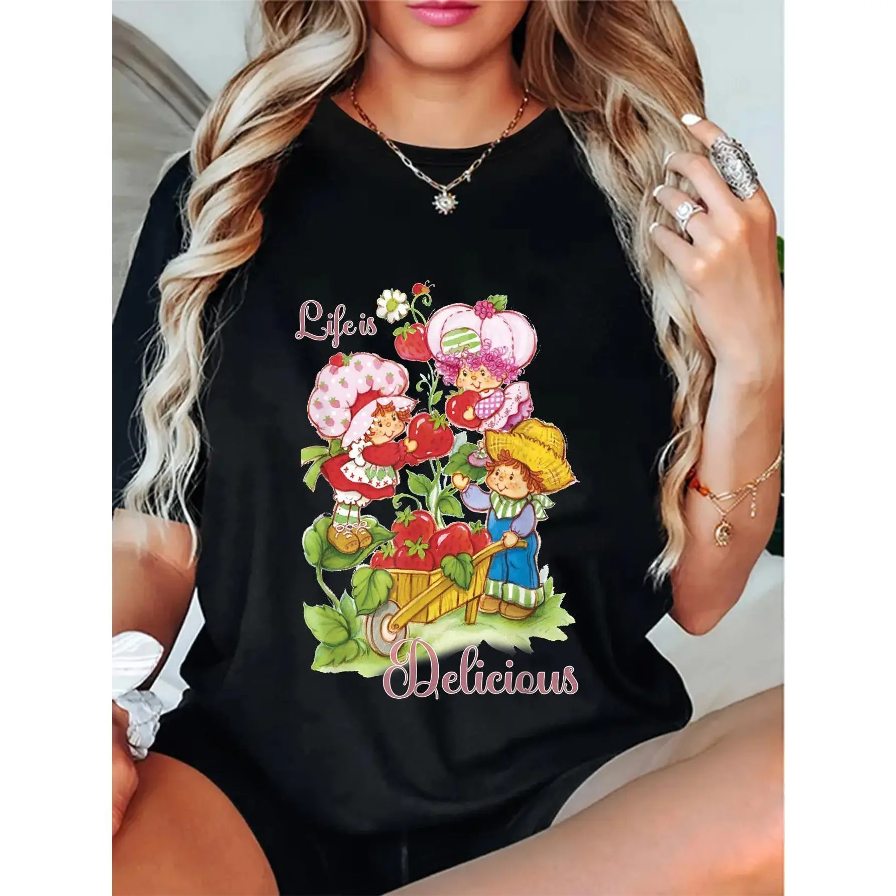 Men's 100% Soft Breathable Cotton Short-Sleeve Crewneck Tee - Unisex Strawberry Shortcake "Life Is Delicious" Top, Classic Fit Ease, All Seasons, Minimalist, Comfortable Everyday Sporty Wear