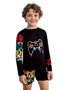 Boys' Colorful Game Controller Long Sleeve Sun Protection Swimsuit Set, 8-14 Years, Quick-Dry Separated Swimwear, Casual Style, Swimsuits Swimwear