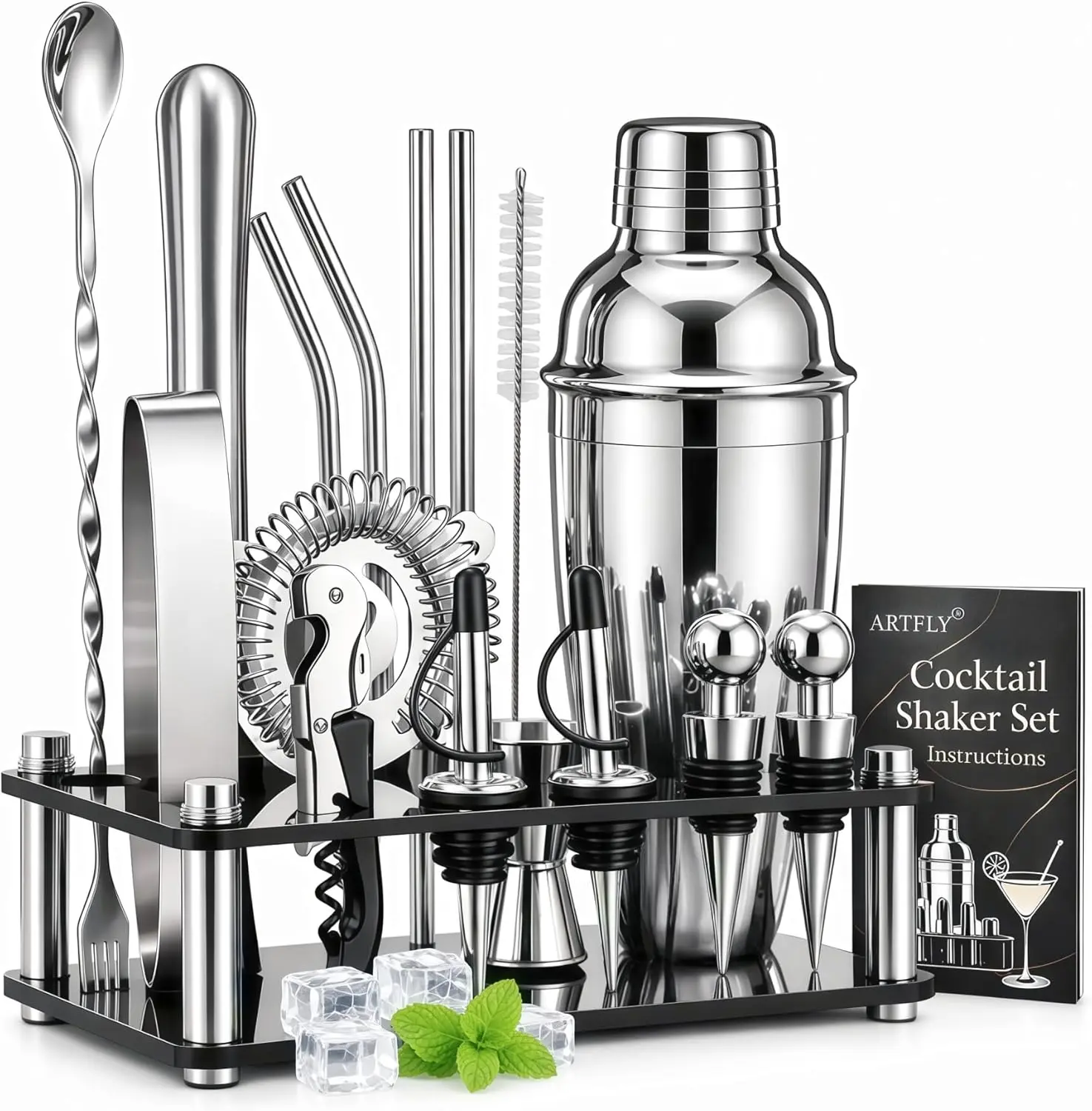 18-Piece 18/8 Stainless Steel Cocktail Shaker Set - 24 oz Cup, Clean Look Bartender Kit with Acrylic Utensil Holder, Martini Shaker, Bar Measure Jigger, Muddler, Recipe Book for Organized Tools for Adults’ Home Bar