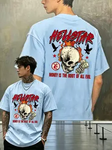 Hellstar Skull Short Sleeve Men's Loose Fit Casual T-Shirt, American Hardcore Punk Style Summer Top, Letter Pattern, No Button, with Collar