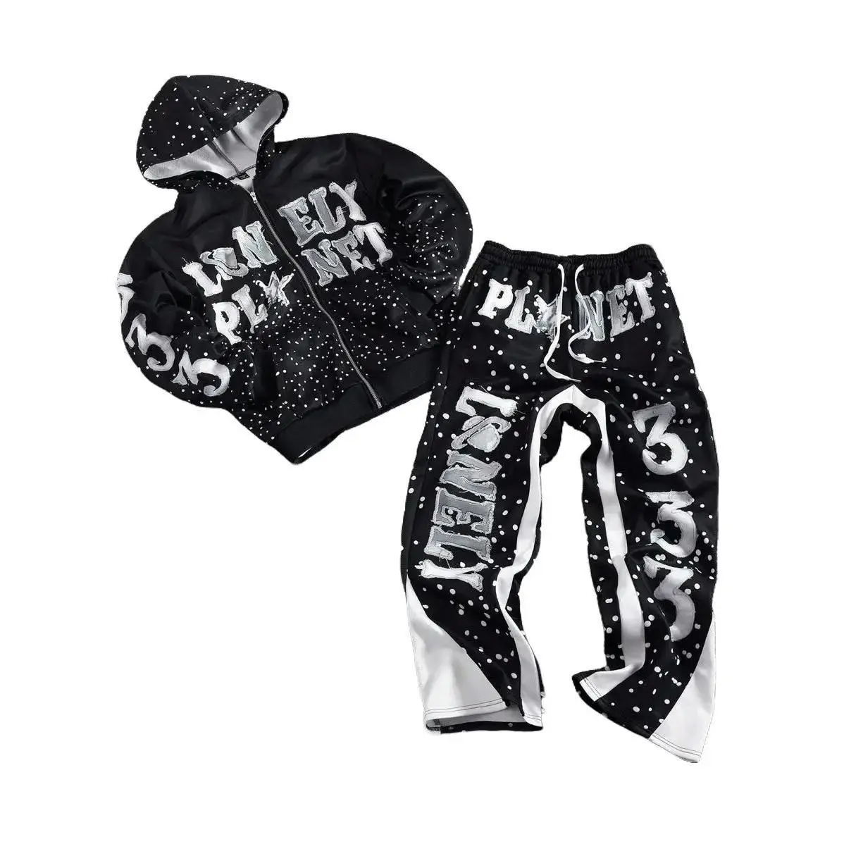 Men's 2-Piece Menswear Long-Sleeve Zipper Hoodie & Sweatpants Set - Letter Print Tops, Polyester Casual Athleisure, Avant-Garde Hip-Hop Streetwear, Multicolor Fall Clothes