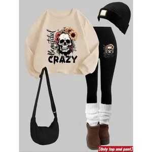 Women's Skull Print Sweatshirt Set, Round Neck Long Sleeve Top, Long Pants, Casual Fitted, Fall Winter Fashion