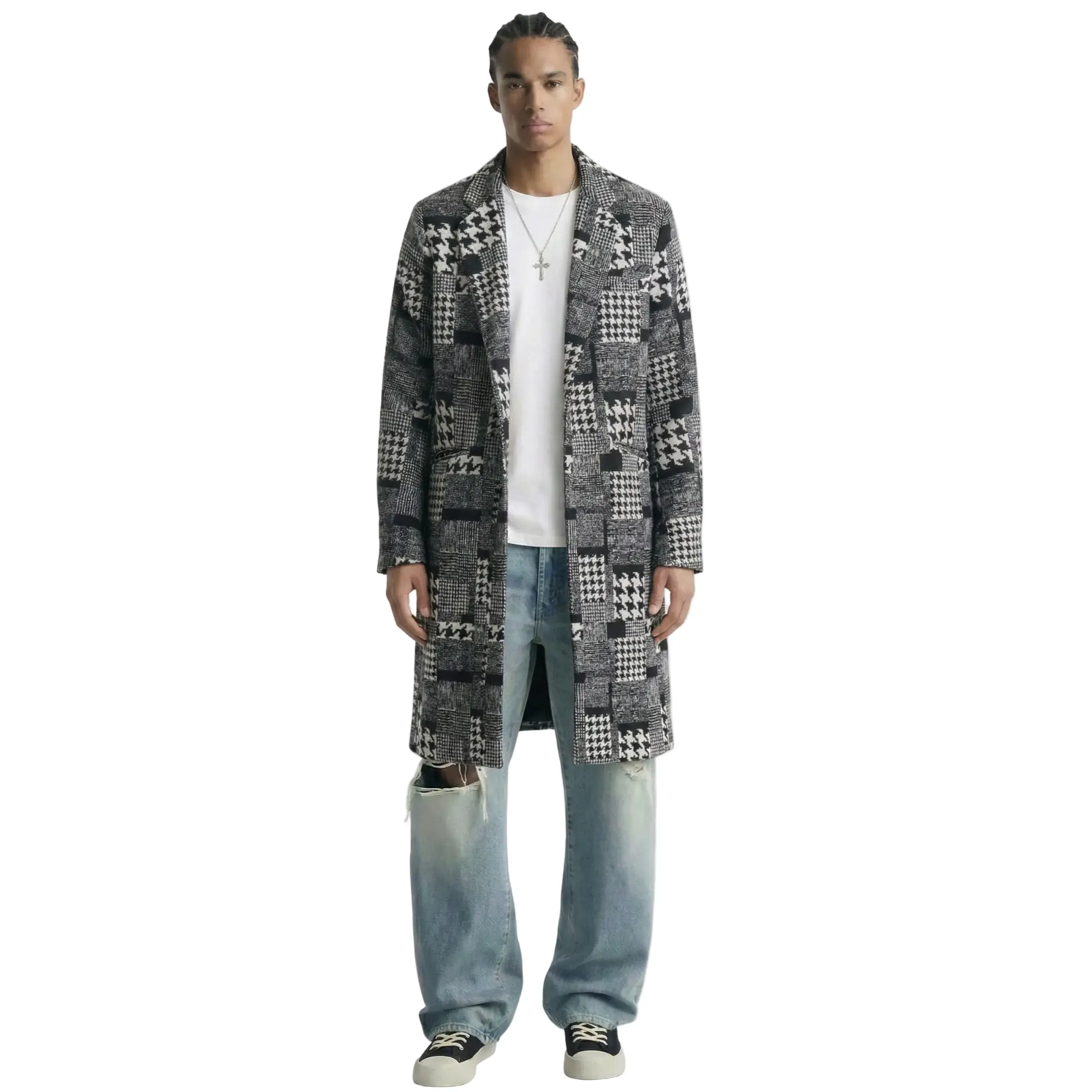 Neo black and white houndstooth pattern Wool Coat Jacket