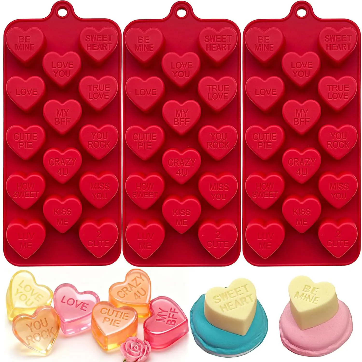 3 Pack Silicone Heart Mold with Love Phrases，14-Cavity Valentine's Day Chocolate Candy Molds Food-Grade Silicone Ice Cube Mould for Jelly, Resin, Soap,Valentine’s Day/Anniversary DIY Baking