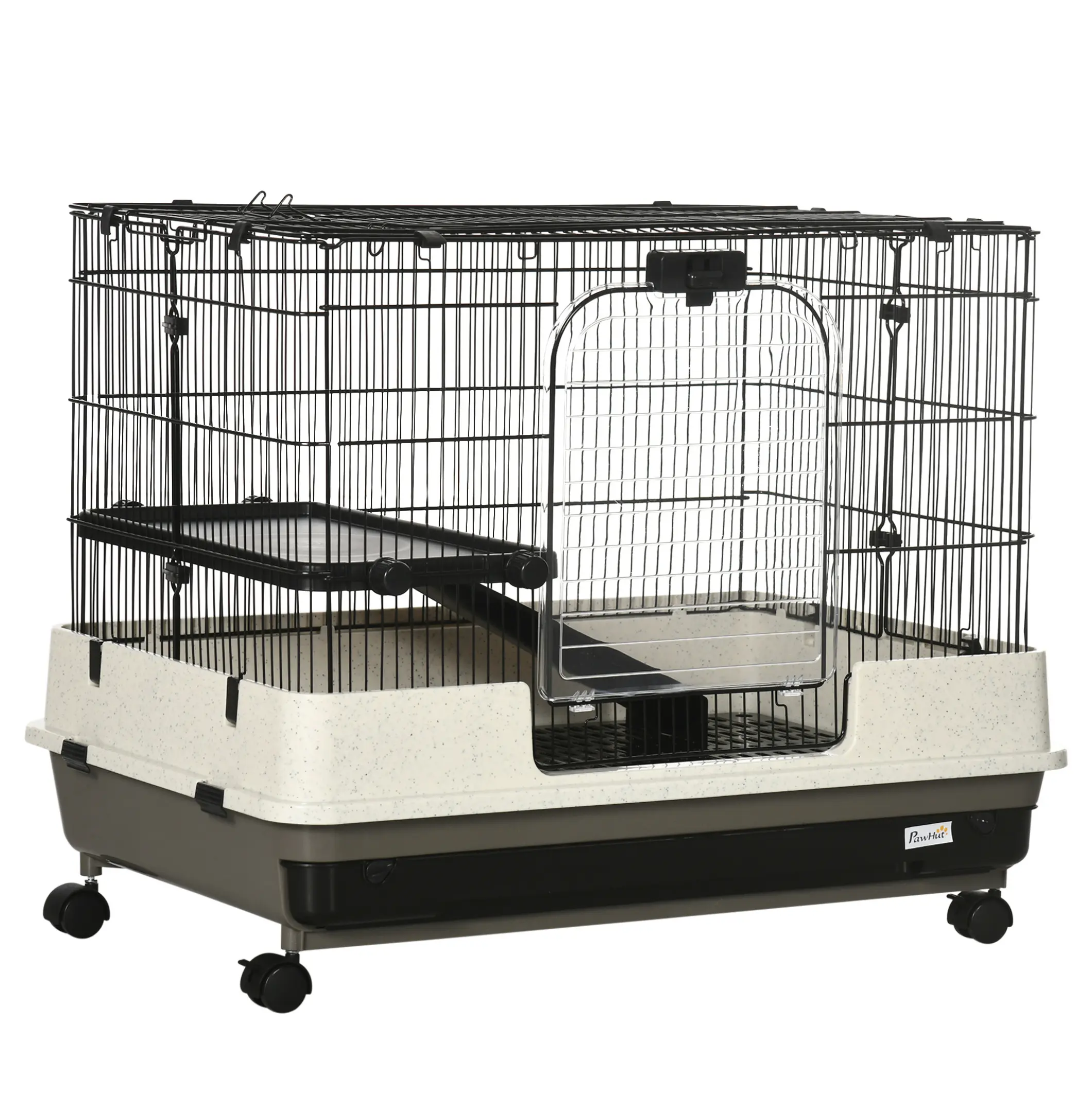 Small Animal Cage 26", Bunny Cage with Wheels, Ferret Chinchilla Habitat - 2-Level Portable Pet Cage with Removable Tray & Ramp White+Black + Iron+Plastic