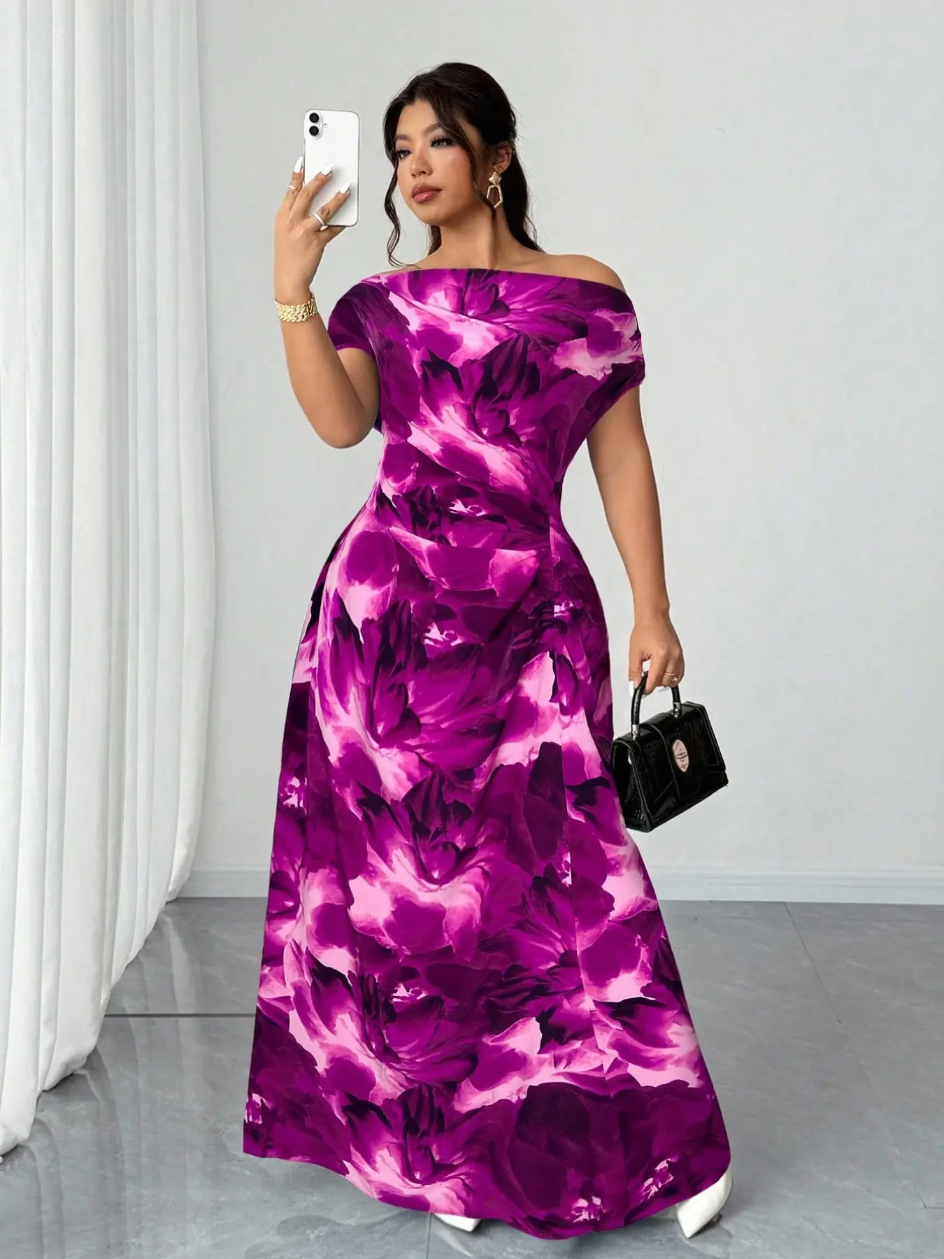 Plus Size One-Shoulder Dress, Bold All-Over Print, Fitted Waist Pleated Satin Midi, Chic Elegant Party Evening Gown, Sleeveless, Elegance, Elegant Classy Flattering