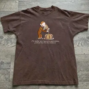 Vintage Curious George Banana Pancakes Shirt, Retro Cartoon Aesthetic Graphic Tee, Premium Soft Casual Cotton, Cute Weekend Lounge Wear Apparel, Funny Nostalgia Gift Idea