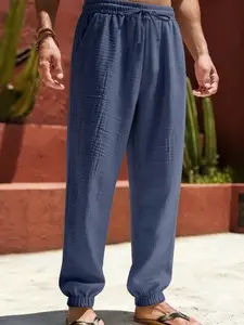 Men's casual linen ankle-length pants, elastic waistband drawstring casual loose pants with side pockets, breathable summer casual wear and beach/pool pants, outdoor sports pants, Lightweight Casual Pants