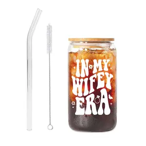 1 Set 16oz Glass Drinking Cup with Straw & Brush, Birthday Gift for Girlfriend Wife, High Borosilicate Glass Mug for Coffee Cola Milk Tea