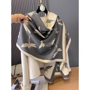 Women's Elegant Dragonfly Pattern Double-sided Fringe Trim Design Scarf, Casual Soft Warm Shawl for Fall & Winter, Fashion Accessories for Daily Wear