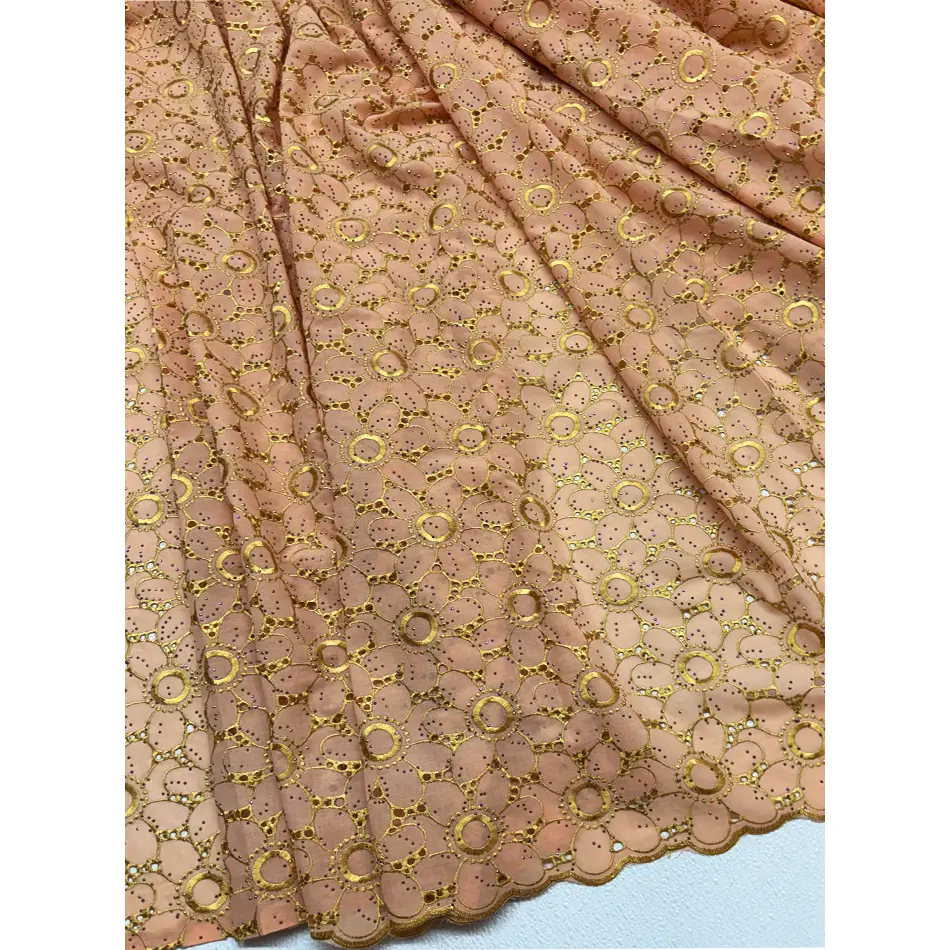 Swiss Voile Lace with Tiny Stones - Coral-Blossom, Gold, Cotton Fabric for Curtains, Home Décor with Soft Textures