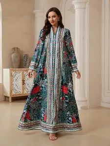 Middle Eastern Ramadan Eid Abaya, Ink Colorblock Cashmere Flower Long Robe, Dubai Style Luxury Kaftan Evening Gown