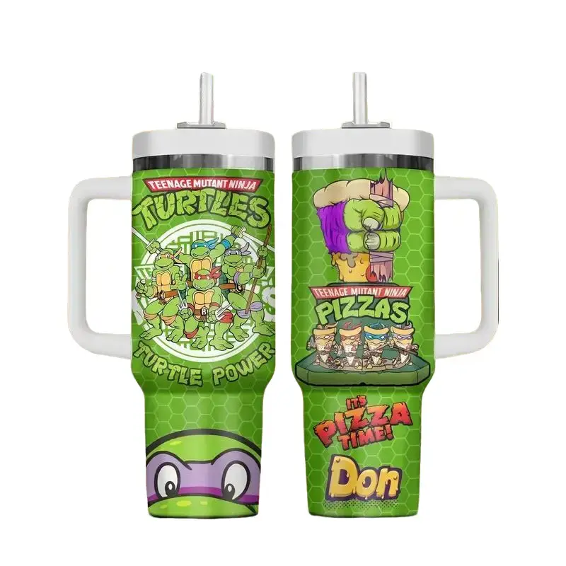 TMNT 40oz Insulated Tumbler with Handle, Lid and Straw - Teenage Mutant Ninja Turtles Donatello, Don Purple Mask Green Pizza Time Print, Funny 90s Cartoon Fans Gift Insulated Stainless Steel Travel Mug, Gift for Women Men.