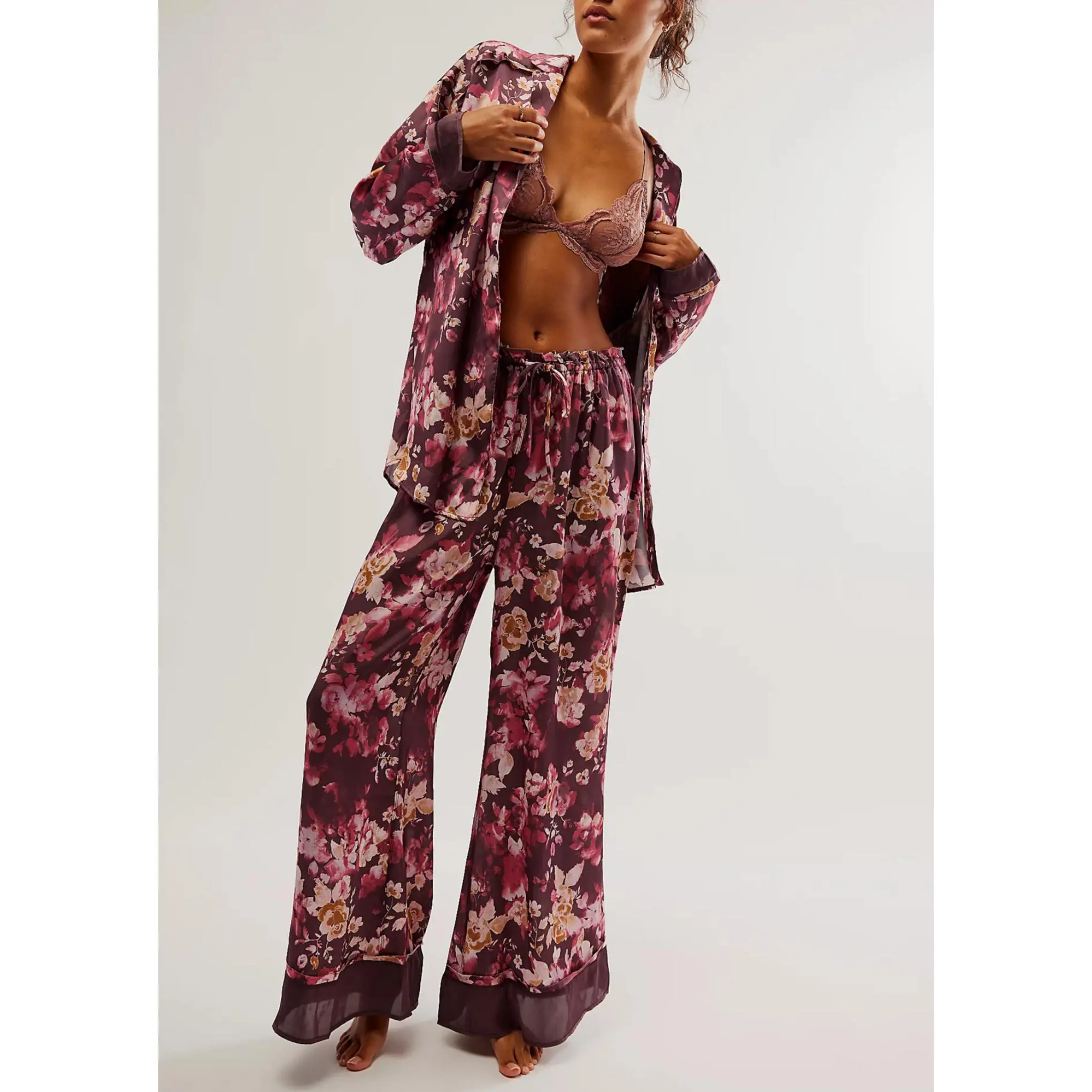 Women's Floral Satin Pajama Set, Long Sleeve Button-Down Shirt & Wide Leg Pants, Silky Sleepwear Loungewear Set for Women