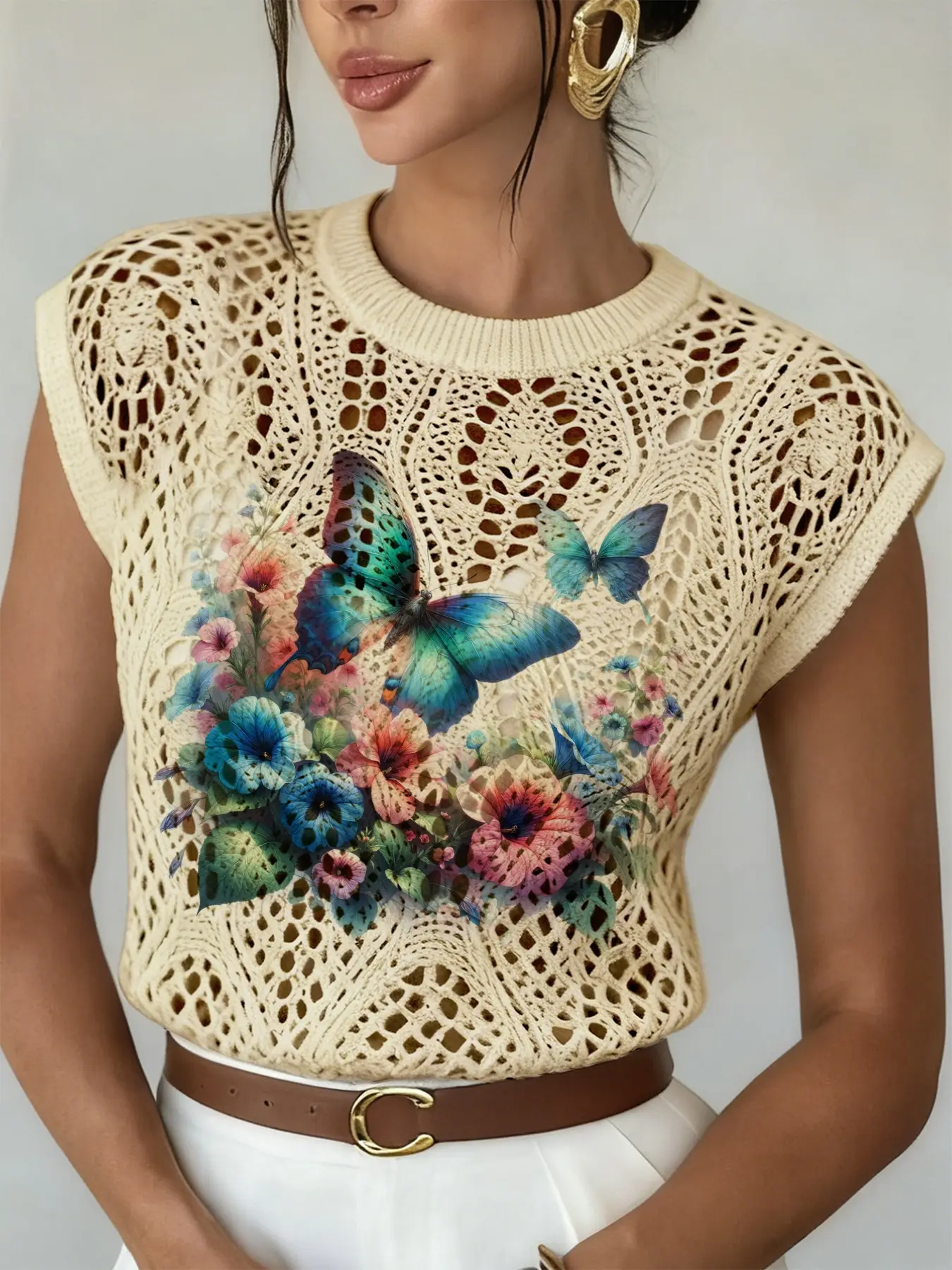 Spring Summer Elegant Women's Butterfly Floral Printed Round Neck Sweater, Casual Sleeveless Knitwear, Breathable Loose Fit Top Womenswear