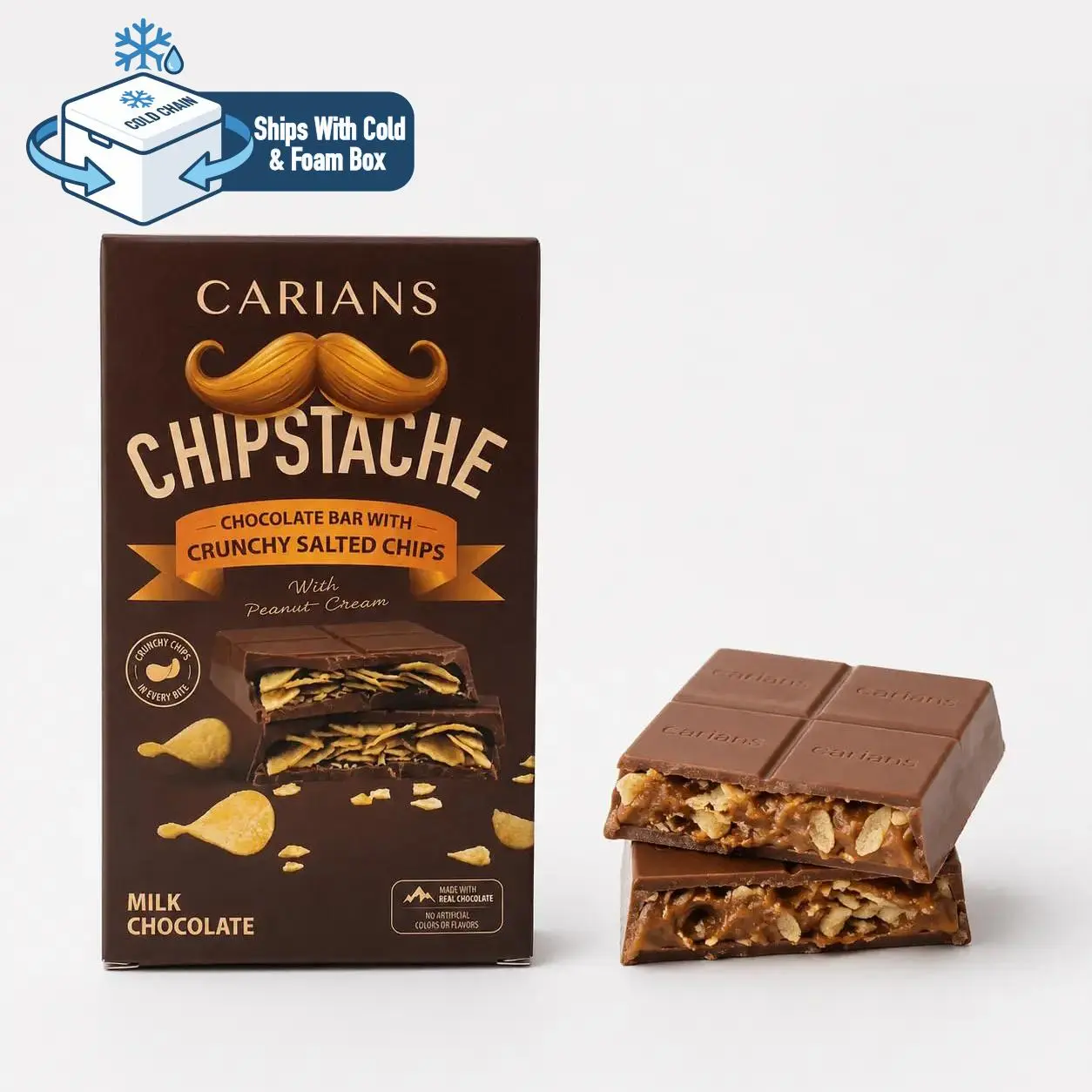 Carians Chipstache Gourmet Milk Chocolate Bar, Premium Milk Chocolate with Crunchy Salted Potato Chips, Sweet and Salty Flavor Fusion, Artisanal Confectionery, 2.64oz