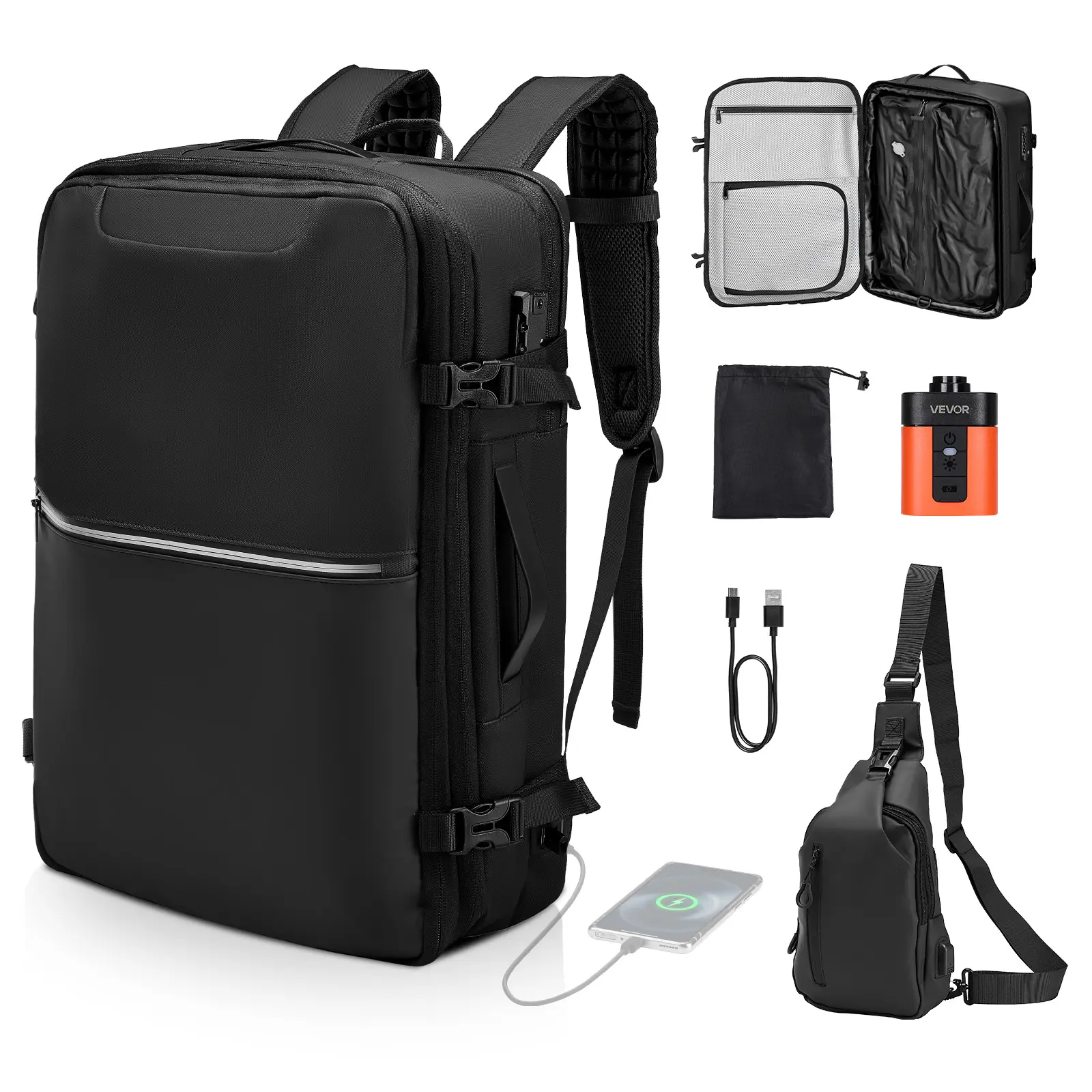 【SummerFinds】VEVOR 80L Expandable Vacuum Seal Compression Travel Backpack with Pump, TSA-Approved Lock, Buckle, Reflective Strips, Luggage Strap, USB Port, Water-Resistant Airback Vacpack Carry-On Luggage for Adults, Black, Vacuum Travel Backpack