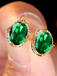 Cute Oval Stud Earrings Synthetic Gemstone Inlay Stackable Earrings for Women & Man Delicate Jewelry Perfect for Engagement Weddings Party, Daily Wear Anniversary Gift