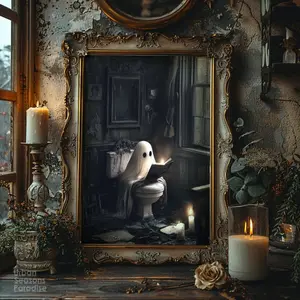 Ghost on Toilet Wall Art, Vintage Halloween Ghost Paints, Spooky Dark Academia Decor, Reading Funny Halloween Gift Print