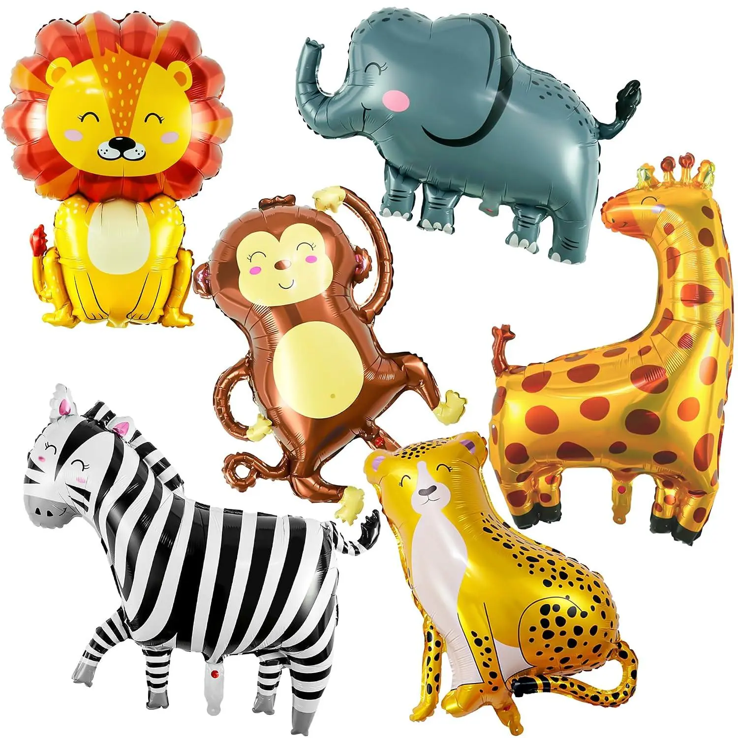 6 Pcs Giant Safari Animal Balloons, Lion Zebra Giraffe Monkey Elephant Leopard Foil Mylar Balloons For Wild One 1St Birthday Party Decorations, Jungle Zoo Theme Baby Shower Supplies
