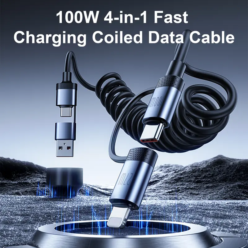 One Fish Universal spring 4-in-1 Multi USB Charging Cable with USB A, Type C, 100W Fast Charging&Data Sync for iPhone&Samsung
