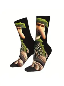 BIIHUDU Brain Rot Brr Brr Patapim Meme Italian Brainrot Socks - Black with Cartoon Elephant & Tree Design Print, Casual, Polyester Knit