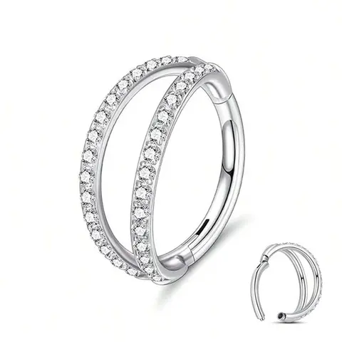 1 Pc Elegant 316L Stainless Steel Nose Ring, Dual Ring Hypoallergenic Cubic Zirconia Hinged Piercing Jewelry, Geometric Rhinestone Design, 6-12mm, Daily Wear, Double Hoop Nose, Chic Body Jewelry, Body Jewellery