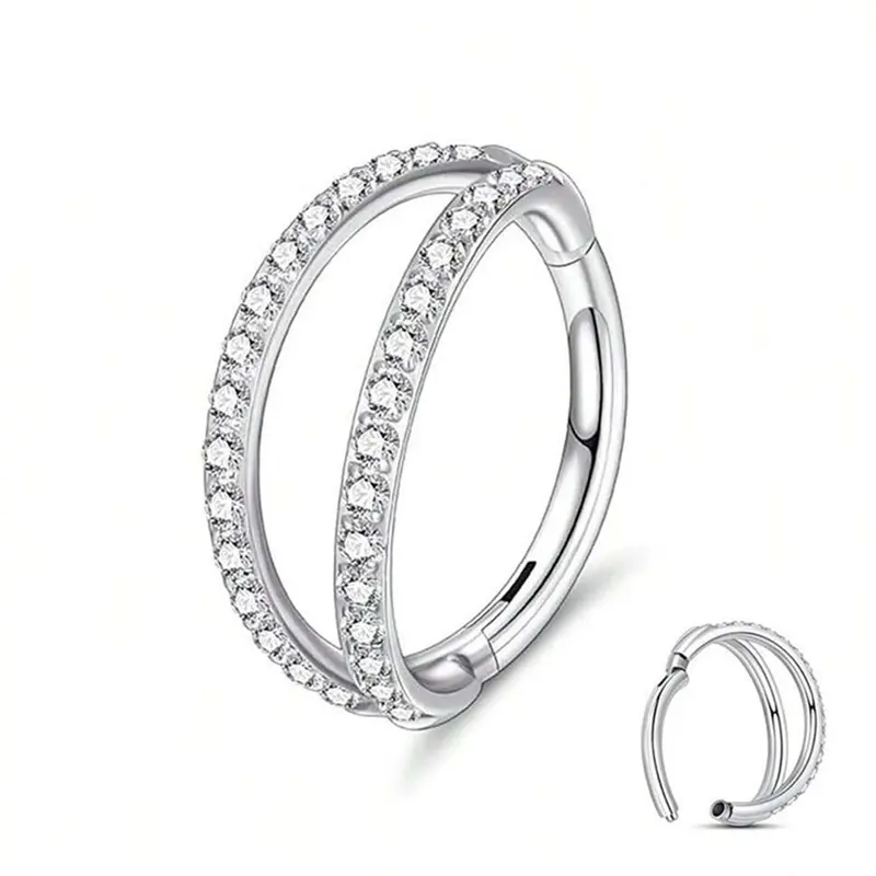 1 Pc Elegant 316L Stainless Steel Nose Ring, Dual Ring Hypoallergenic Cubic Zirconia Hinged Piercing Jewelry, Geometric Rhinestone Design, 6-12mm, Daily Wear, Double Hoop Nose, Chic Body Jewelry, Body Jewellery